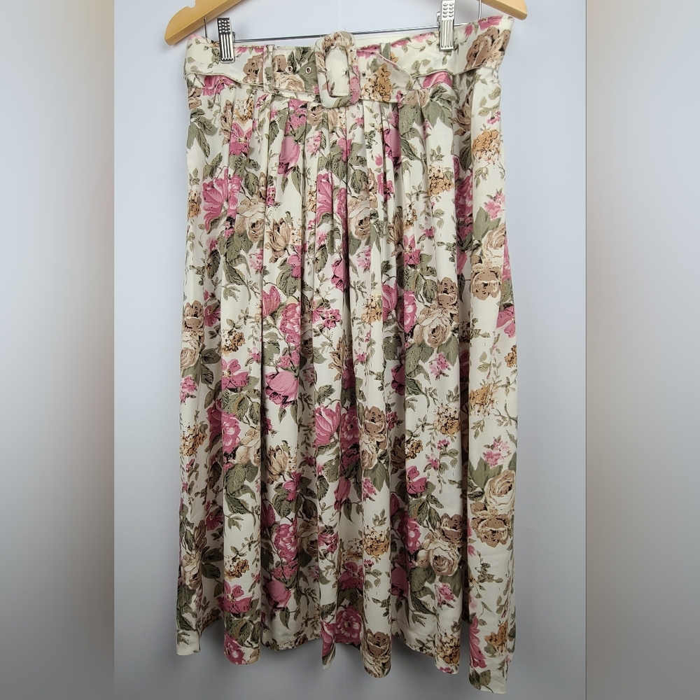 Functionals vintage A-Line floral midi skirt w/ belt, elastic waist & pockets